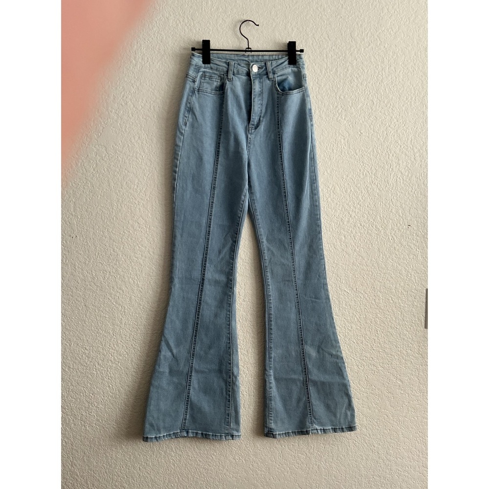 SHEIN Flare Jeans‎ XS Excellent Light Wash High Waist Front Seam Bell Bottoms